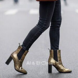 Lauren Ralph Lauren Mylah Gold Distressed Leather Ankle Boots 7.5B New With Box